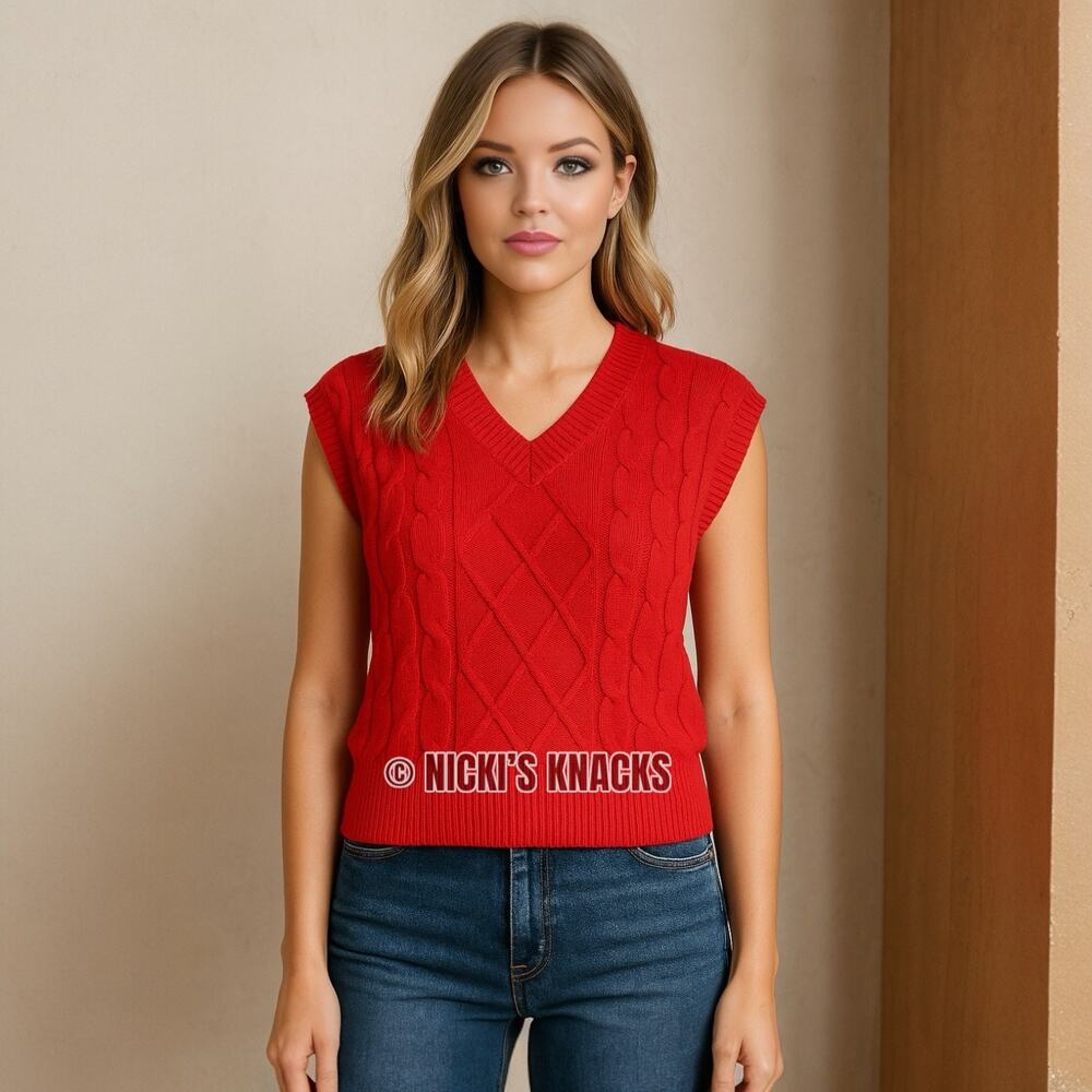 Sincerely Jules Red Cable Knit Sleeveless Sweater V-Neck Academia Preppy Size L